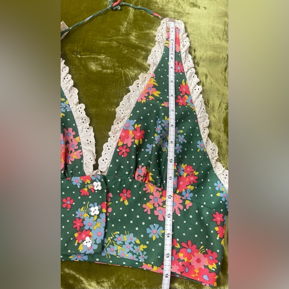 Vintage 1970s floral halter lace button flower green top boho chic - Picture 13 of 16